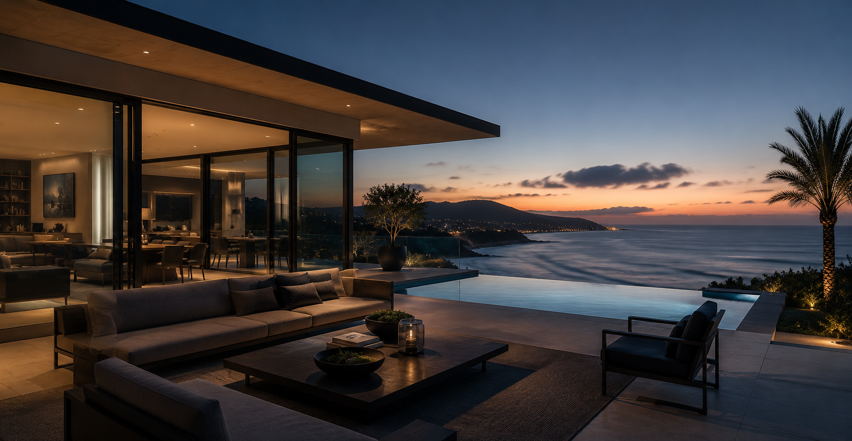 Residência de luxo com vista para o mar ao entardecer
